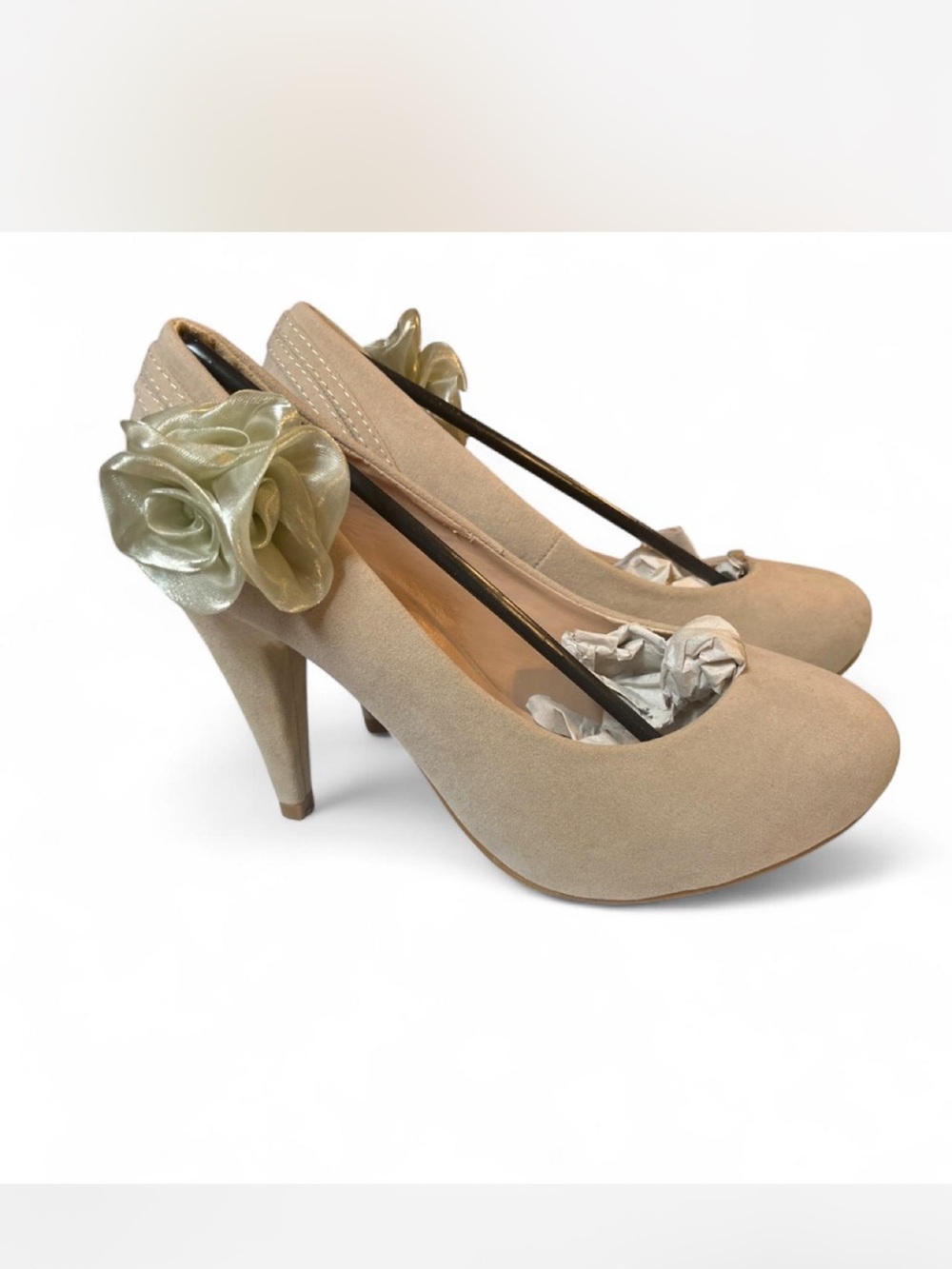 Classic Nude Suede High Heels with Satin Rose Accent